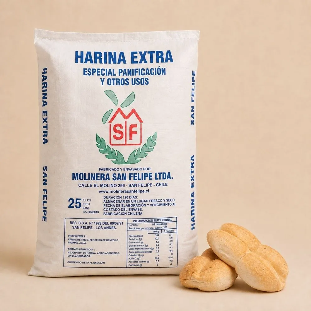 Saco de Harina Extra Molinera San Felipe, fuerza media-alta para marraquetas, baguettes y pan amasado
