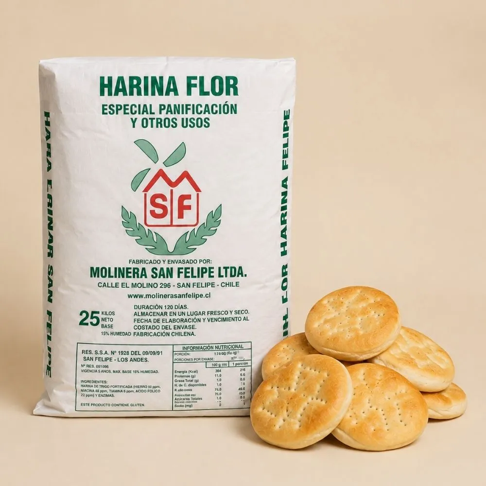 Saco de Harina Flor Molinera San Felipe, fuerza normal para hallullas, empanadas y queques