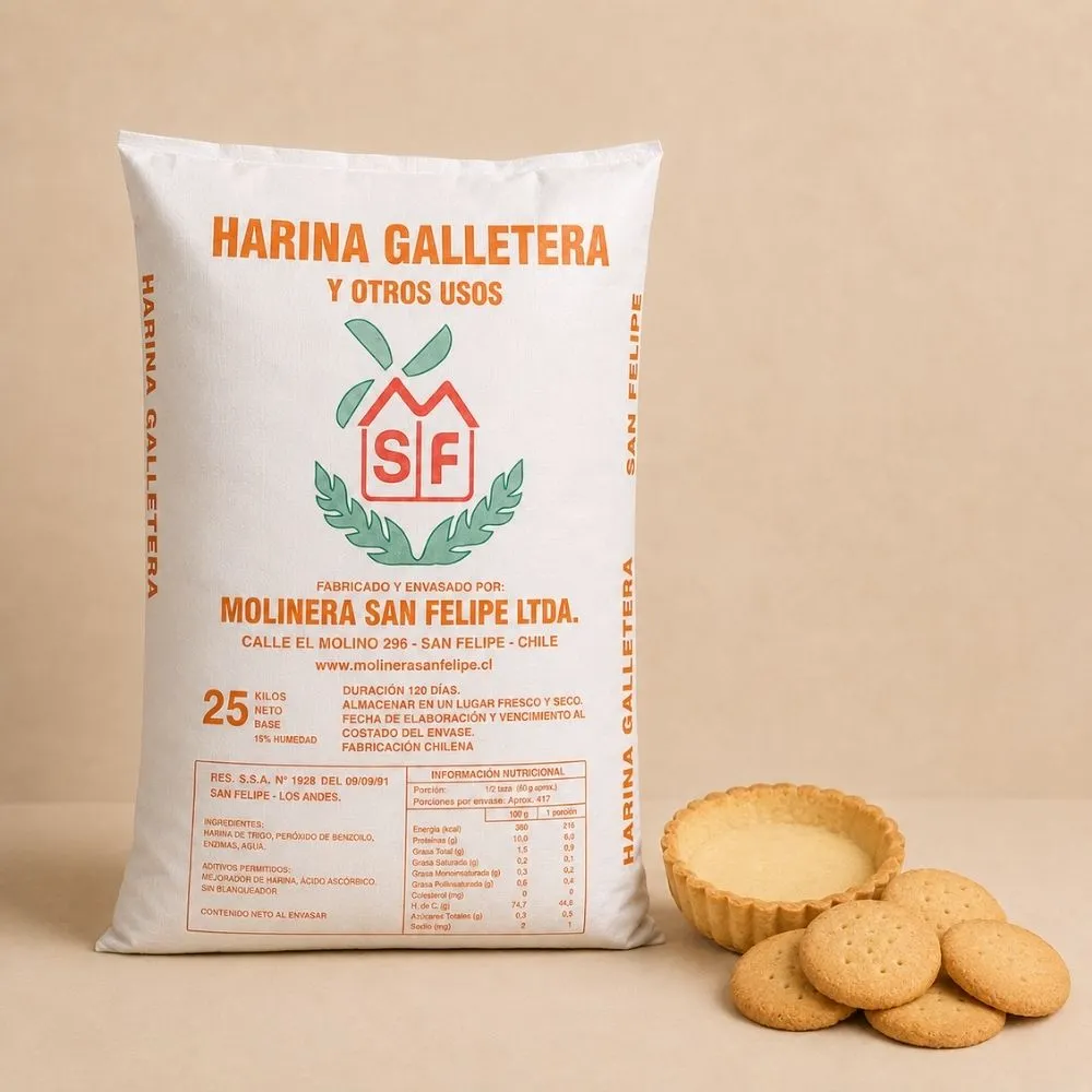 Saco de Harina Galletera Molinera San Felipe, fuerza baja para masas quebradas, galletería y pastelería