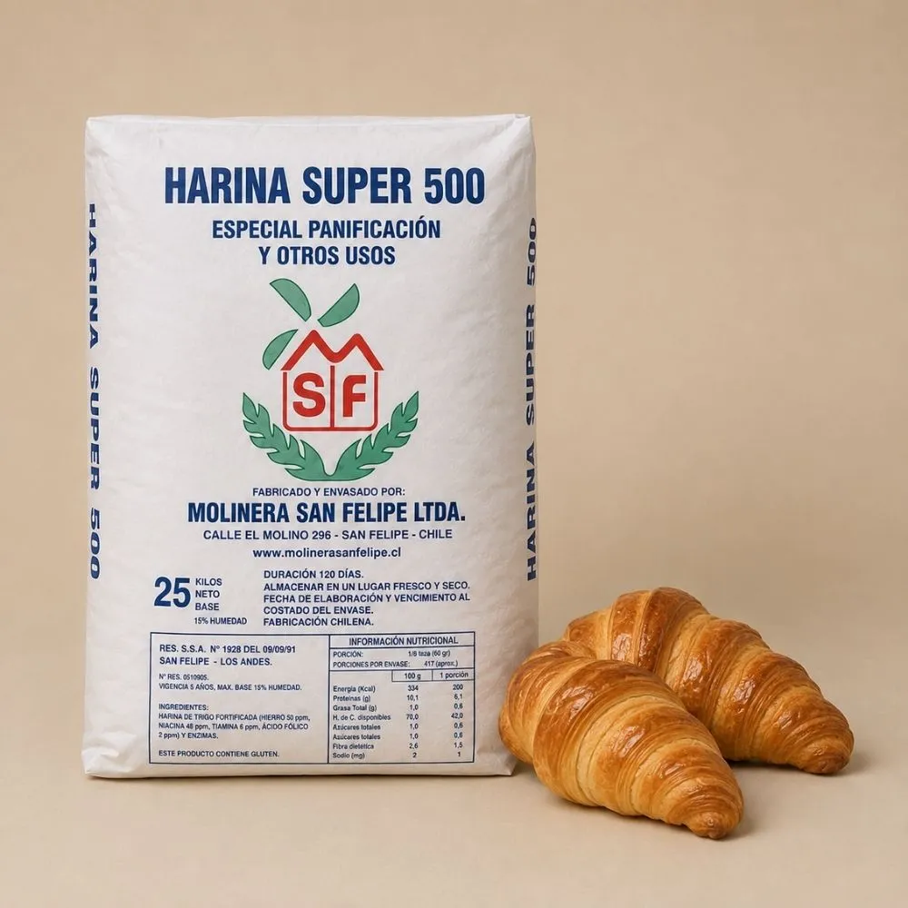 Saco de Harina Super 500 Molinera San Felipe, fuerza muy alta para croissant, medias lunas y bollería