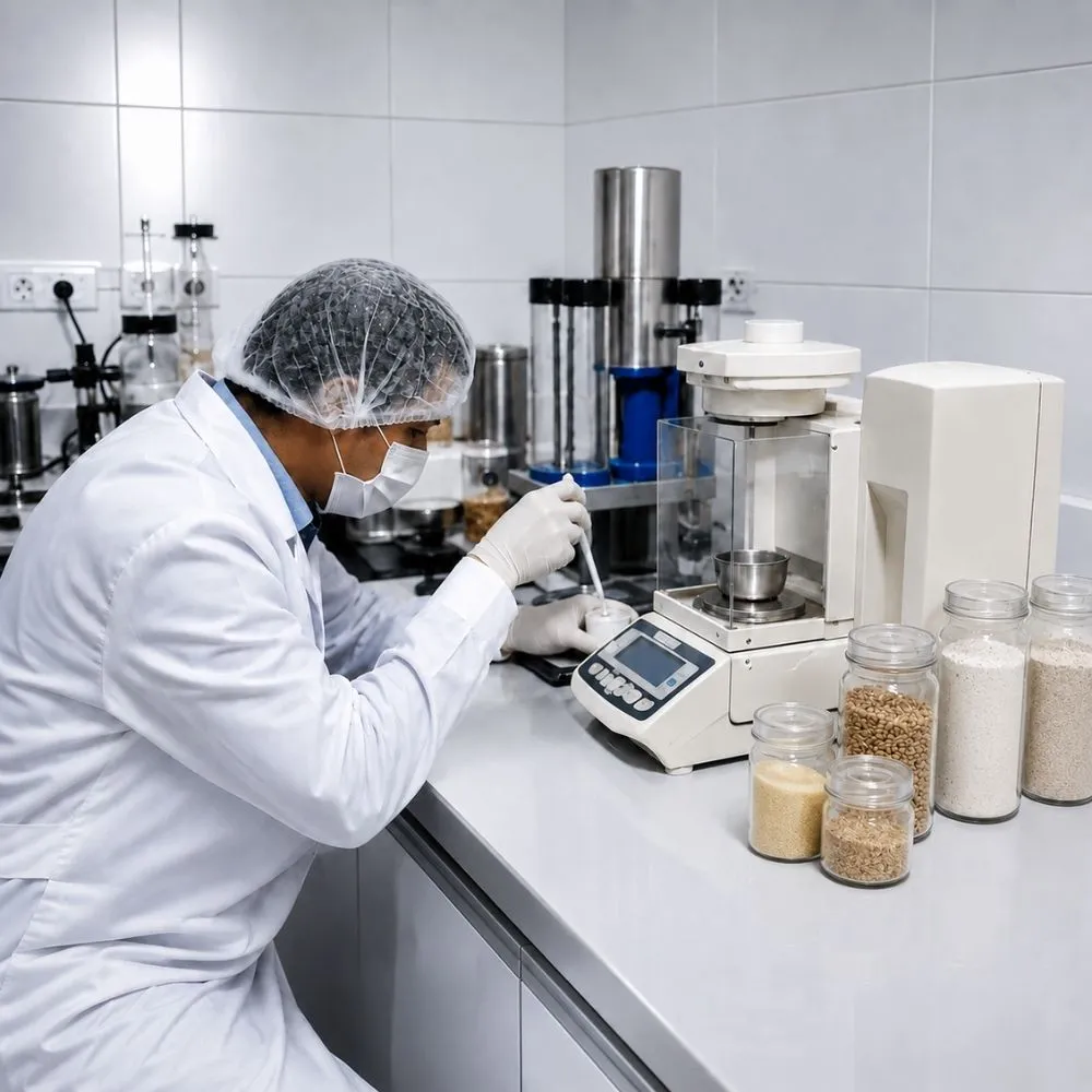 Analista del laboratorio de Molinera San Felipe realizando control de calidad de harina con equipamiento Perten